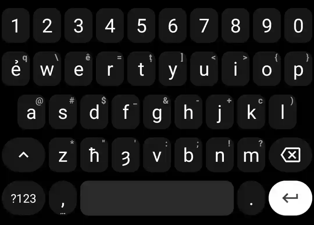 On the Shamizi keyboard layout, QWERTY's Q is replaced by Ẻ, the X by Ħ, and the C by Ȝ